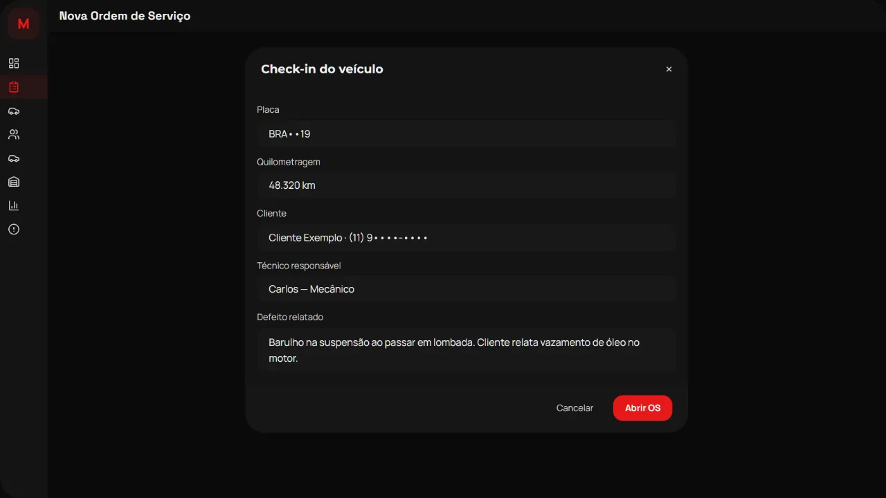Check-in de veículo no MecaPRO com placa, quilometragem, cliente, técnico e defeito relatado
