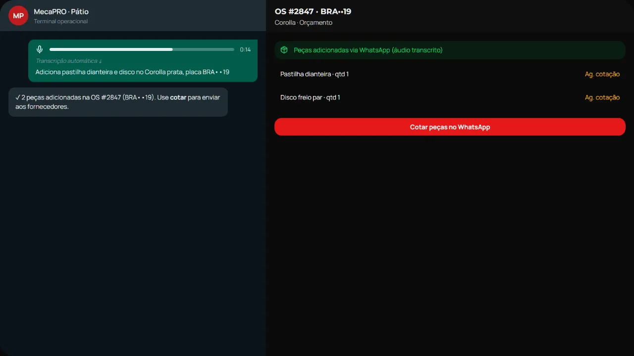 WhatsApp integrado à OS no MecaPRO com áudio transcrito e peças adicionadas automaticamente
